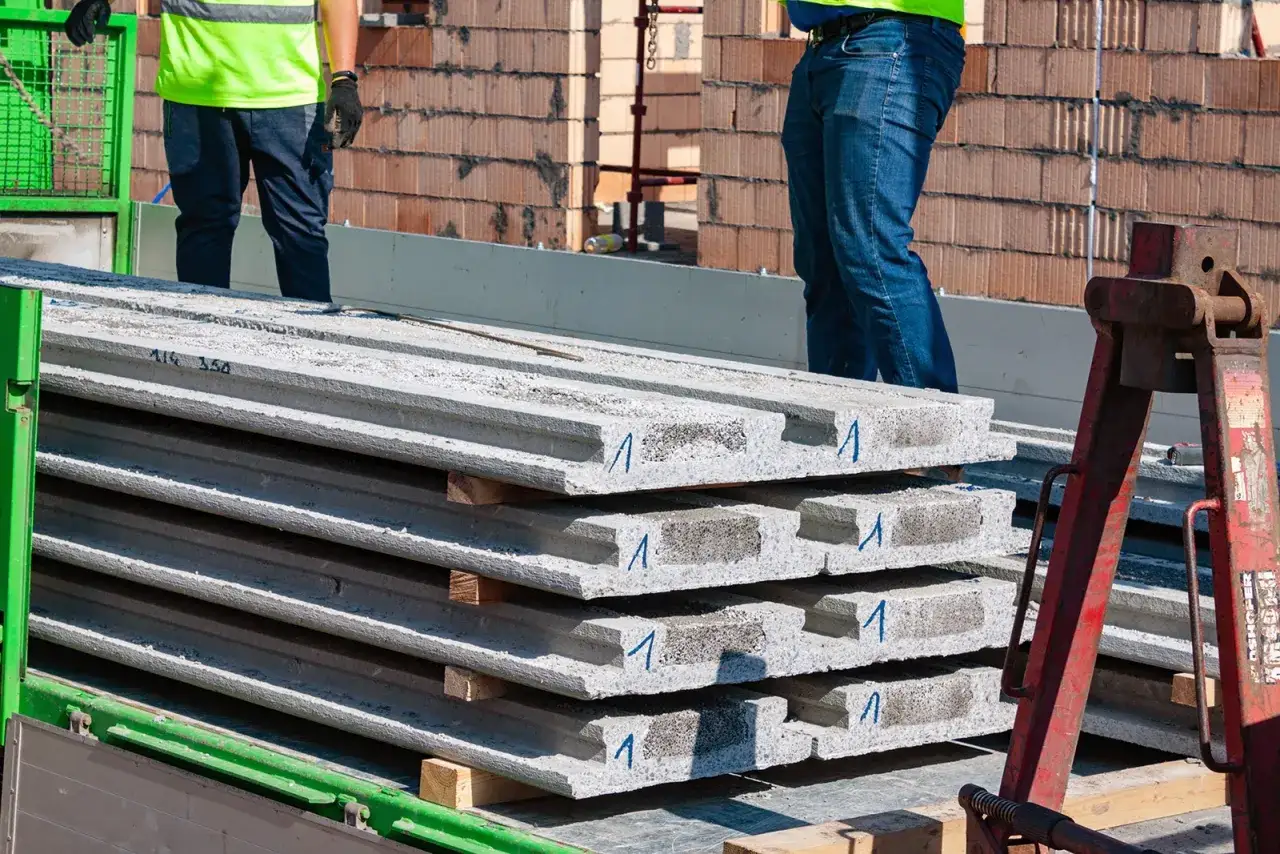 Strop betonowy w transporcie. Betonowe płyty stropowe ułożone na przyczepie, gotowe do montażu.