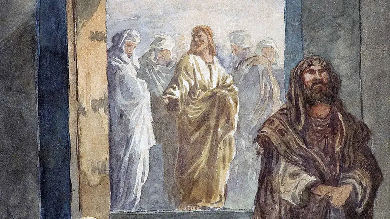 Jezus w złotej szacie przemawia do ludzi, przypominając o głównych prawdach wiary. Obok stoi mężczyzna w brązowym płaszczu.