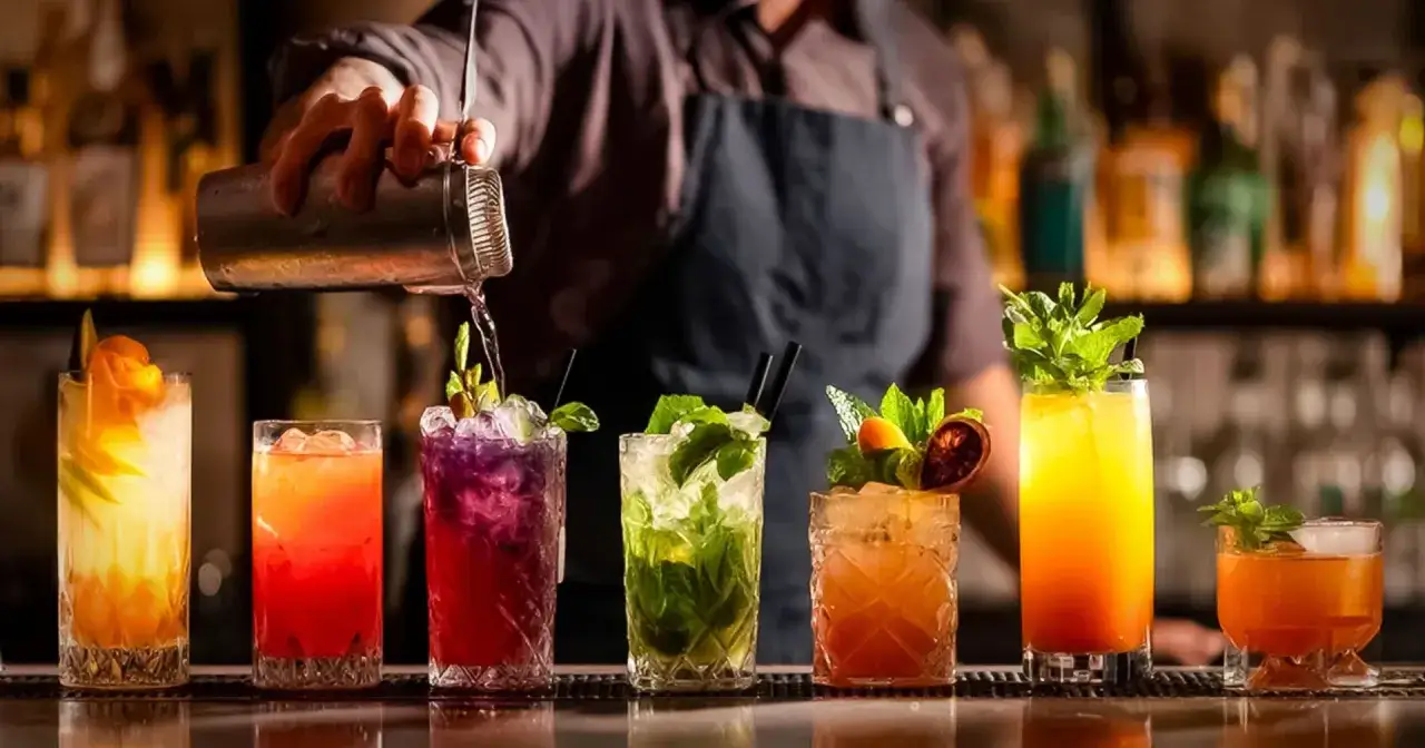 Mistrz miksologii przygotowuje kolorowe drinki. Na blacie baru stoją drinki z owocami i miętą, a barman nalewa płyn z shakera.