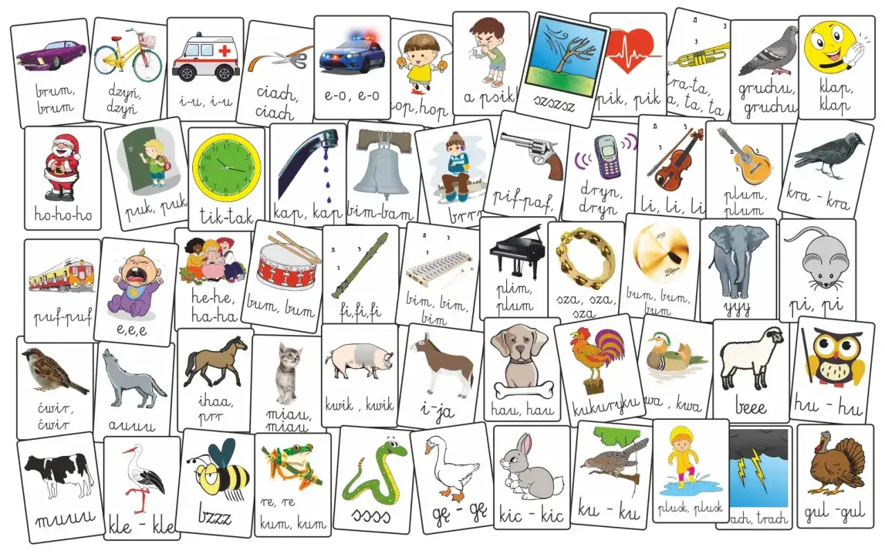 Zestaw kart z obrazkami i dźwiękami: brum, dzyń, i-u, ciach, e-o, hop, ho-ho-ho, puk, tik-tak, kap, bim-bam, szszsz, pik, fra-ta, gruchu, klap, puf-puf, e-e-e, he-he, bum, fi-fi, bim, plim, sza, bum, yyy, pi, ćwir, auuu, miau, kwik, i-ja, hau, kukuryku...