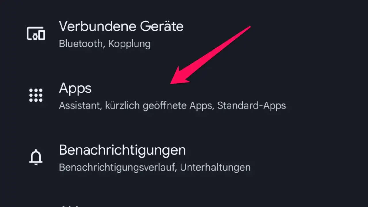 Android-Menü mit hervorgehobener Option "Apps" und Pfeil.