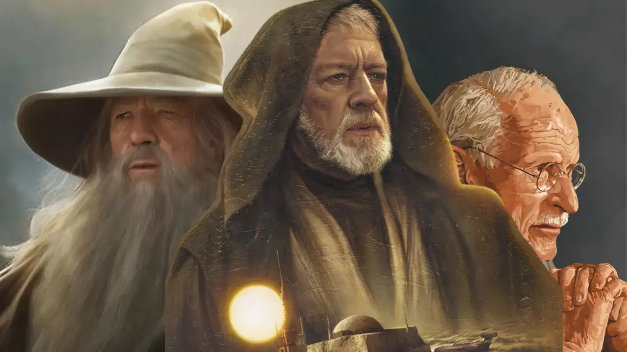 Gandalf, Obi-Wan Kenobi i Dumbledore. Ilustracja pokazuje, jakie są najczęstsze archetypy par w literaturze fantasy i ich dynamika.