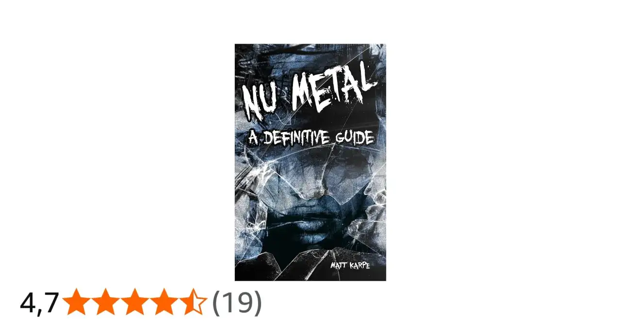 Okładka książki "Nu Metal: A Definitive Guide" z Mattem Karpe. Rozbite szkło i mroczny klimat sugerują energię gatunku nu metal.