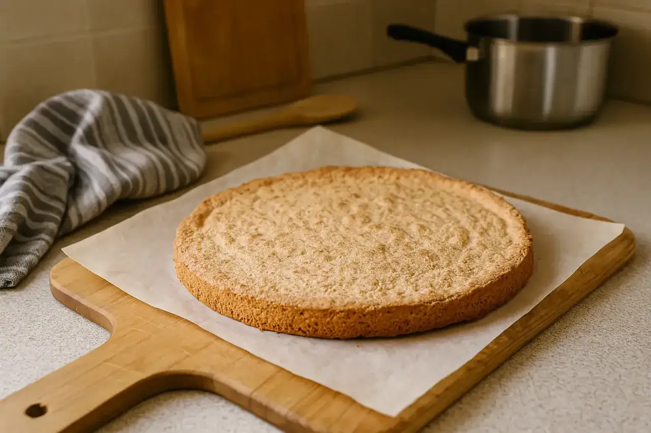 Une dacquoise amande dorée, prête pour une délicieuse recette. Sur une planche en bois, avec une serviette à rayures et une casserole en arrière-plan.