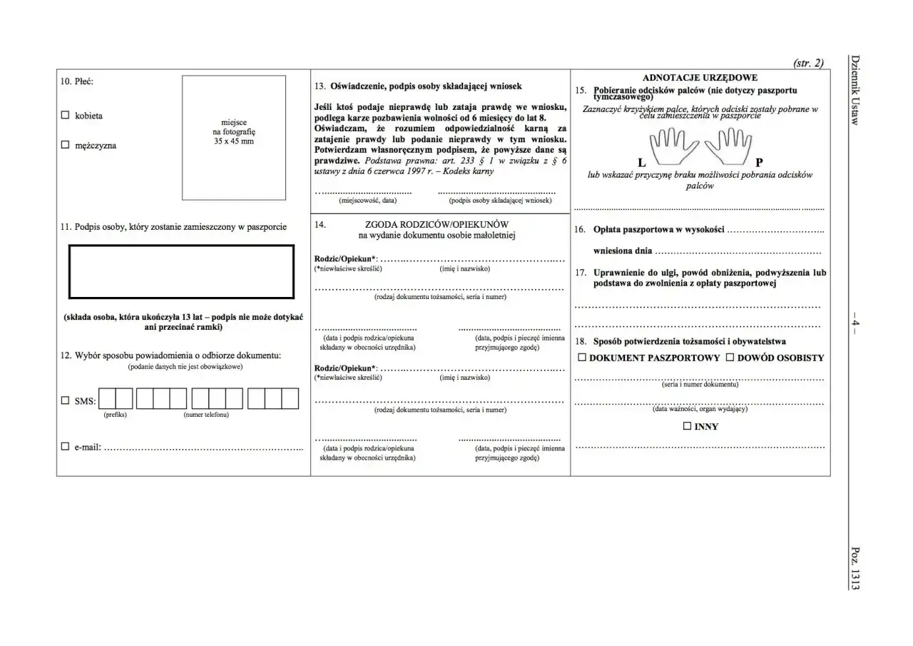 Formularz wniosku o dowód osobisty, zawiera sekcje dotyczące danych osobowych, zgody rodziców na wydanie dokumentu osobie małoletniej oraz adnotacje urzędowe.