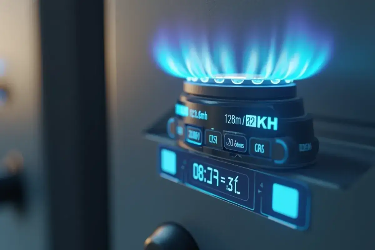 Cyfrowy panel kuchenki gazowej pokazuje zużycie energii w watach na kilowatogodziny, z płomieniem palnika w tle.