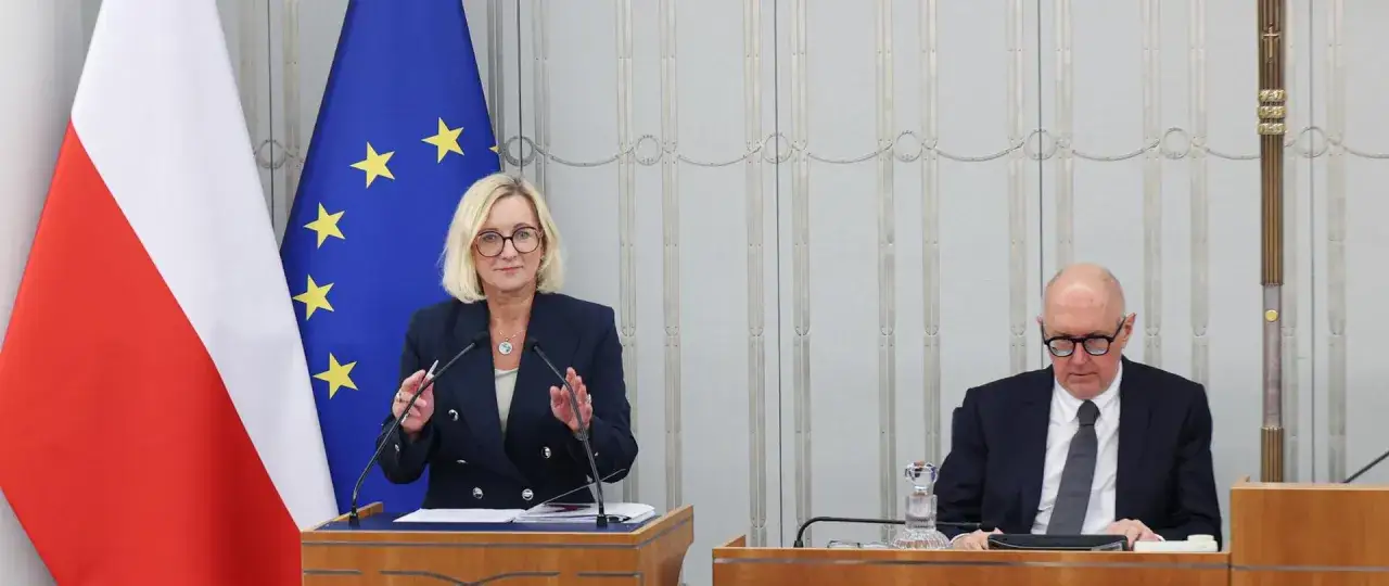 Kobieta przemawia przy mównicy obok flag Polski i UE, mężczyzna siedzi przy stole.
