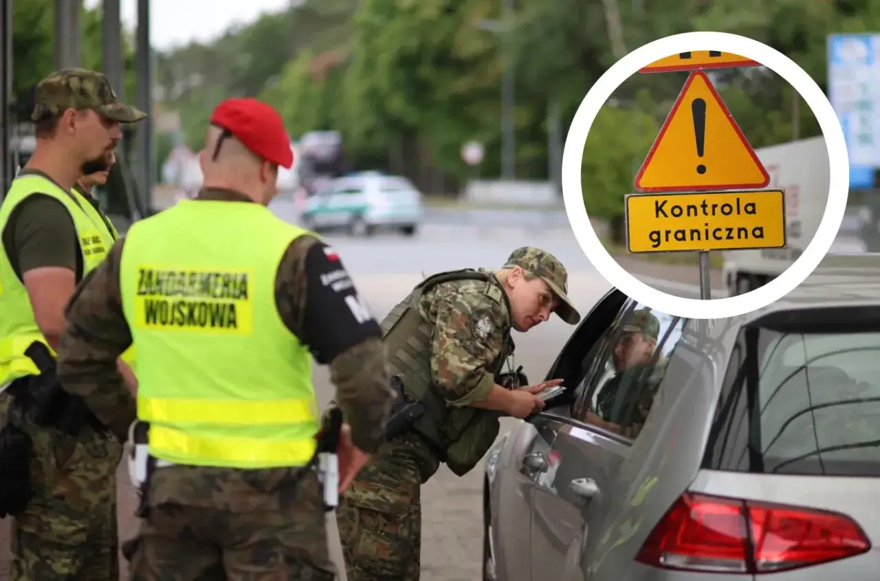 Żołnierze Żandarmerii Wojskowej przeprowadzają kontrolę graniczną. Na znaku drogowym widnieje napis "Kontrola graniczna".