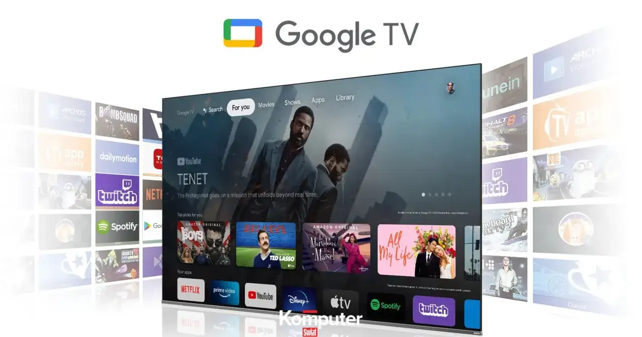 Telewizor Philips z Google TV, pokazujący interfejs z filmami i aplikacjami. Dowiedz się, jak zainstalować Google Play na telewizorze Philips.