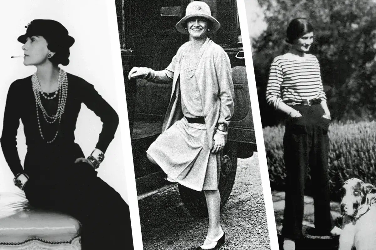 Coco Chanel, ícono de la moda, luce elegantes vestidos años 20 y pantalones de estilo atemporal.