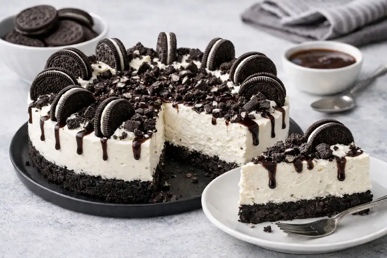 Gâteau au fromage crémeux, garni de biscuits Oreo et de sauce au chocolat. Un délice avec son fond de gâteau croustillant sans cuisson.