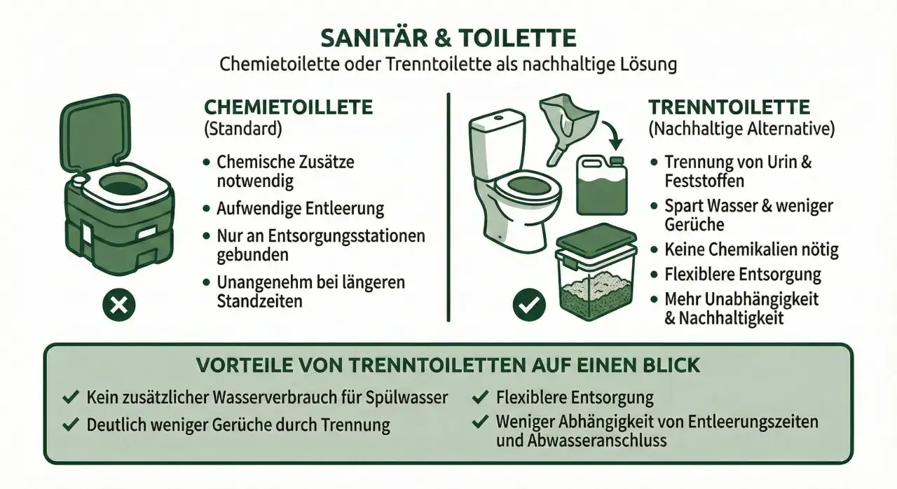 Vergleich von Chemietoilette und Trenntoilette. Die Trenntoilette bietet eine umweltfreundlichere Schiff Toilette Entsorgung.