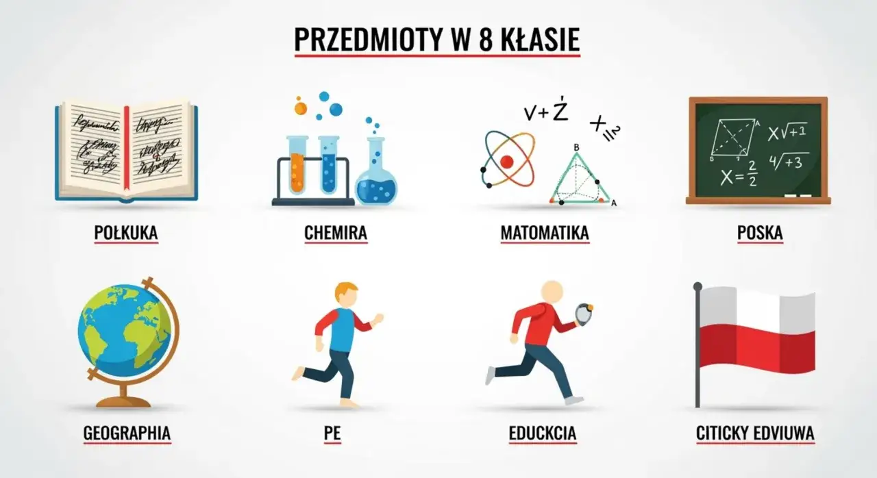 Ilustracje przedstawiające przedmioty w ósmej klasie: książka, probówki, atom, tablica, globus, biegacze, flaga Polski.