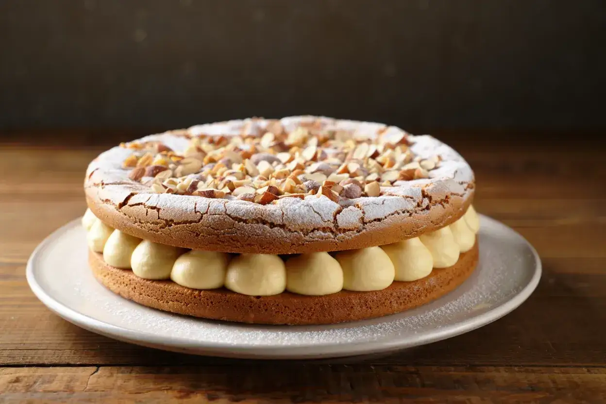 Une dacquoise, ce gâteau aérien aux amandes, garni de crème onctueuse et saupoudré de sucre glace et d'amandes concassées.