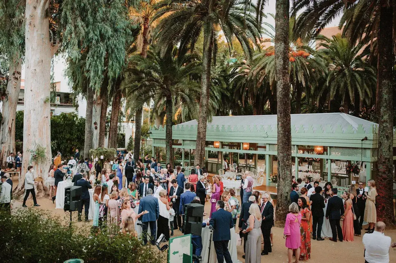Invitados disfrutan de una boda tipo coctel al aire libre, rodeados de palmeras y eucaliptos. Un pabellón verde al fondo ofrece un espacio cubierto.