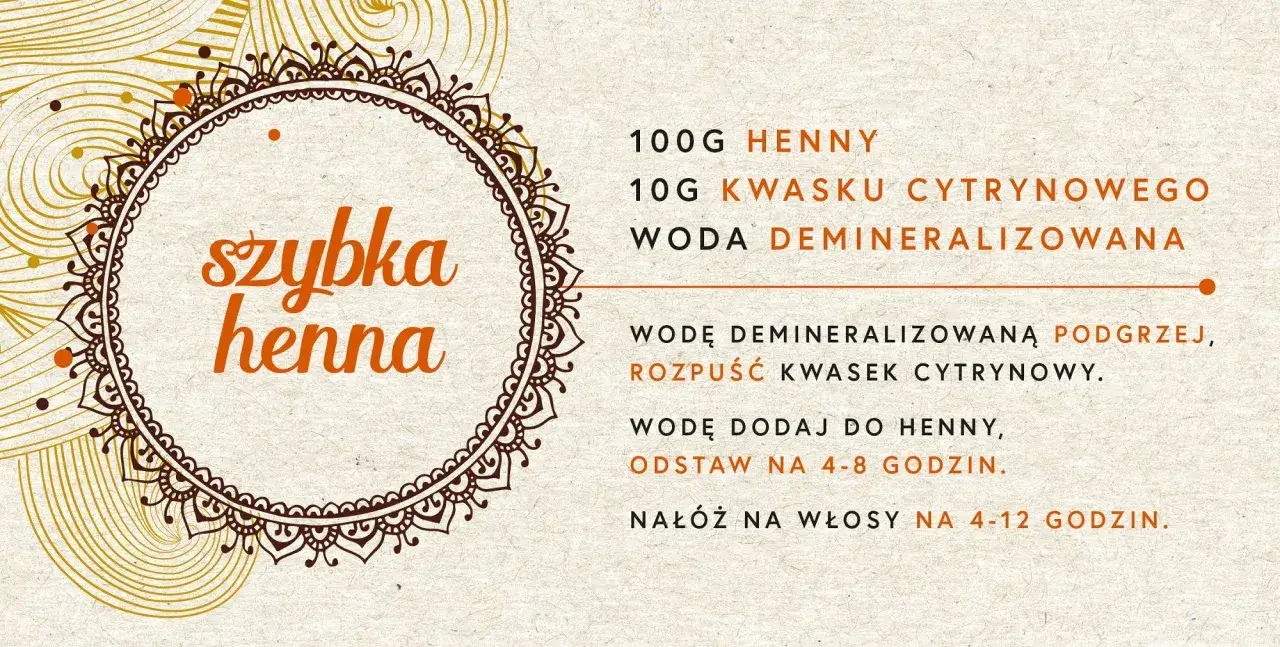Instrukcja przygotowania henny: 100g henny, 10g kwasku cytrynowego, woda demineralizowana. Ile wody do henny? Podgrzej wodę, rozpuść kwasek, dodaj do henny.