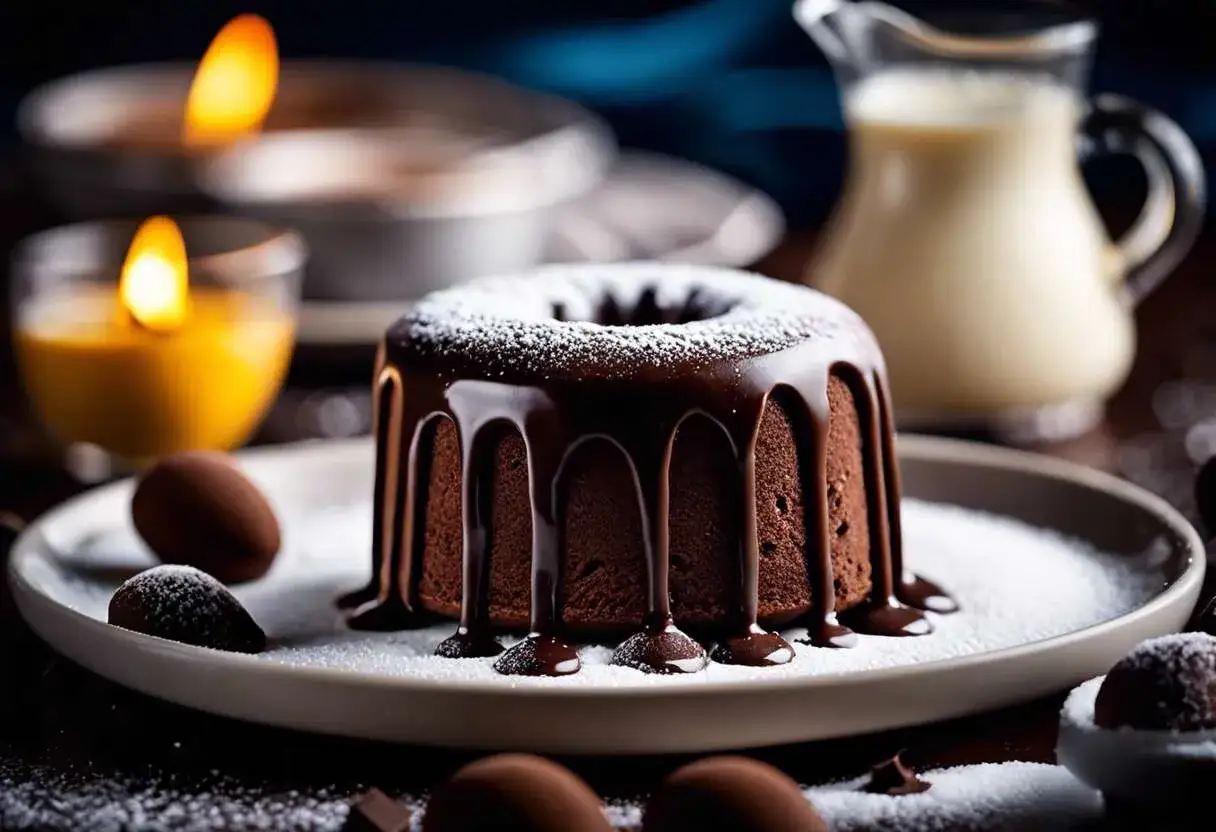 Un délicieux fondant au chocolat, nappé de glaçage et saupoudré de sucre glace, prêt à être dégusté.