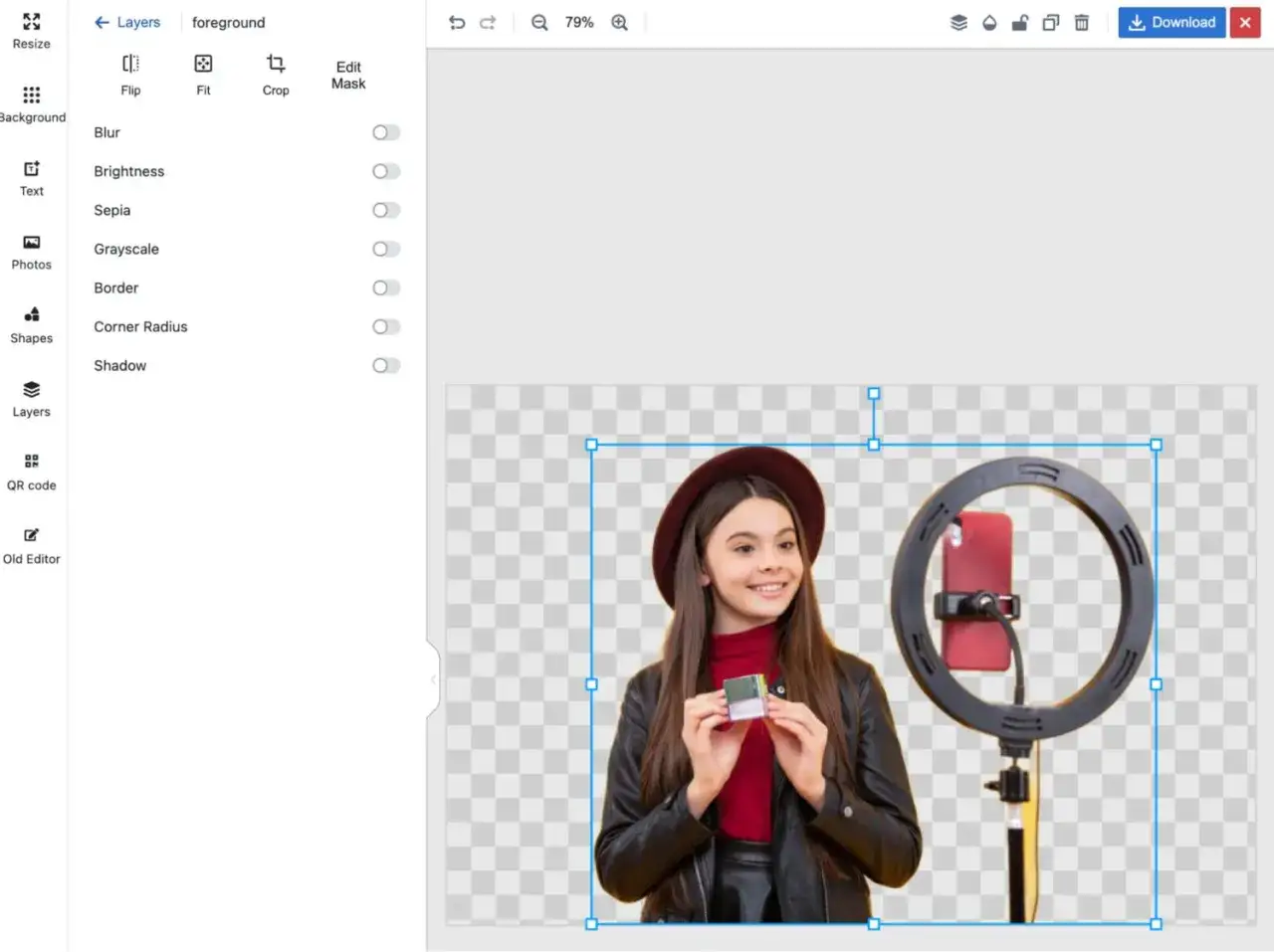 Dziewczynka z ring light i telefonem, gotowa do nagrania. Aplikacja do usuwania tła pozwala na edycję warstw.