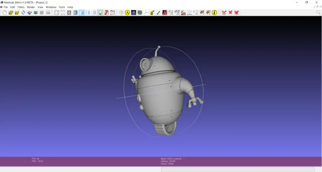 Szary model robota 3D na fioletowym tle, widoczny w oprogramowaniu MeshLab.
