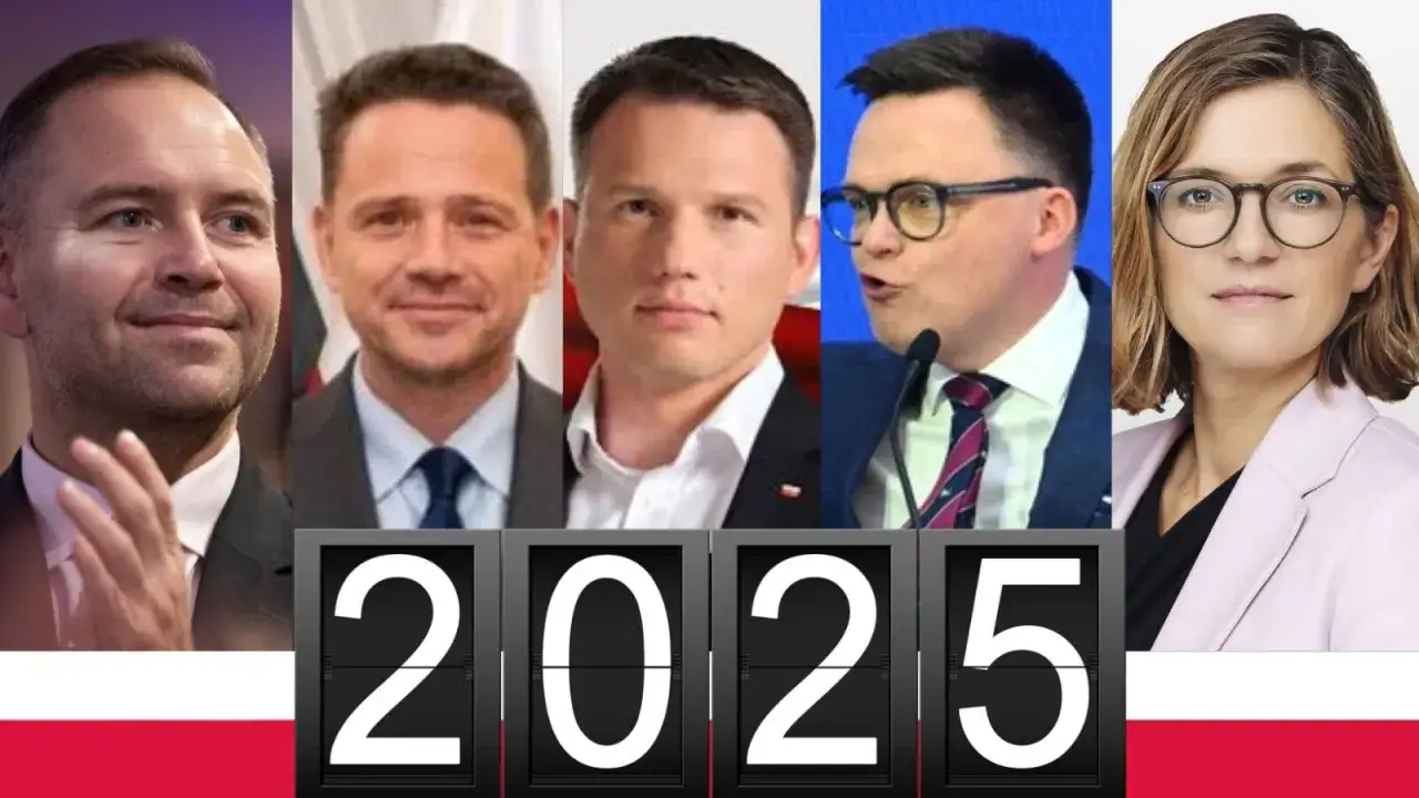Kolaż zdjęć kandydatów na prezydenta Warszawy z datą 2025.