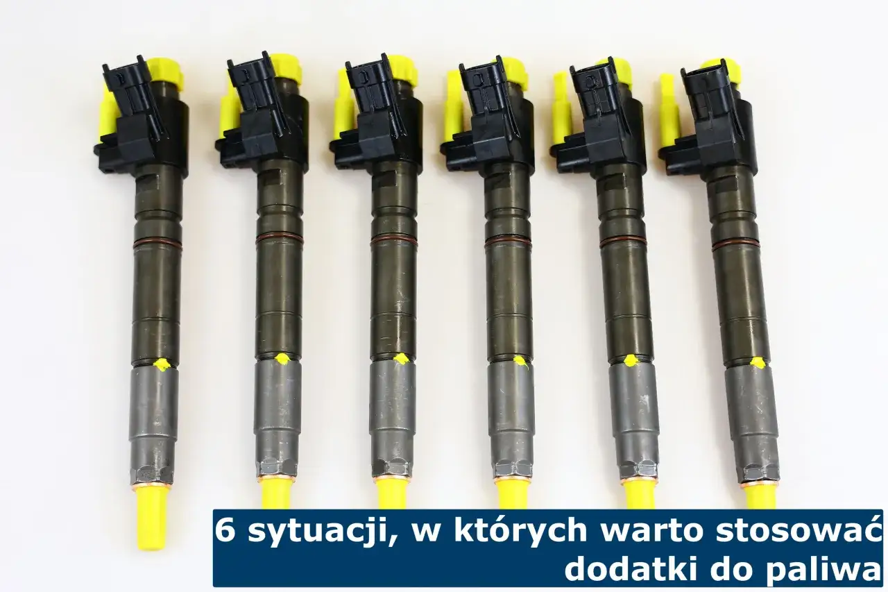 Sześć wtryskiwaczy common rail z żółtymi osłonkami. Dowiedz się, jaki dodatek do diesla common rail warto stosować w 6 sytuacjach.