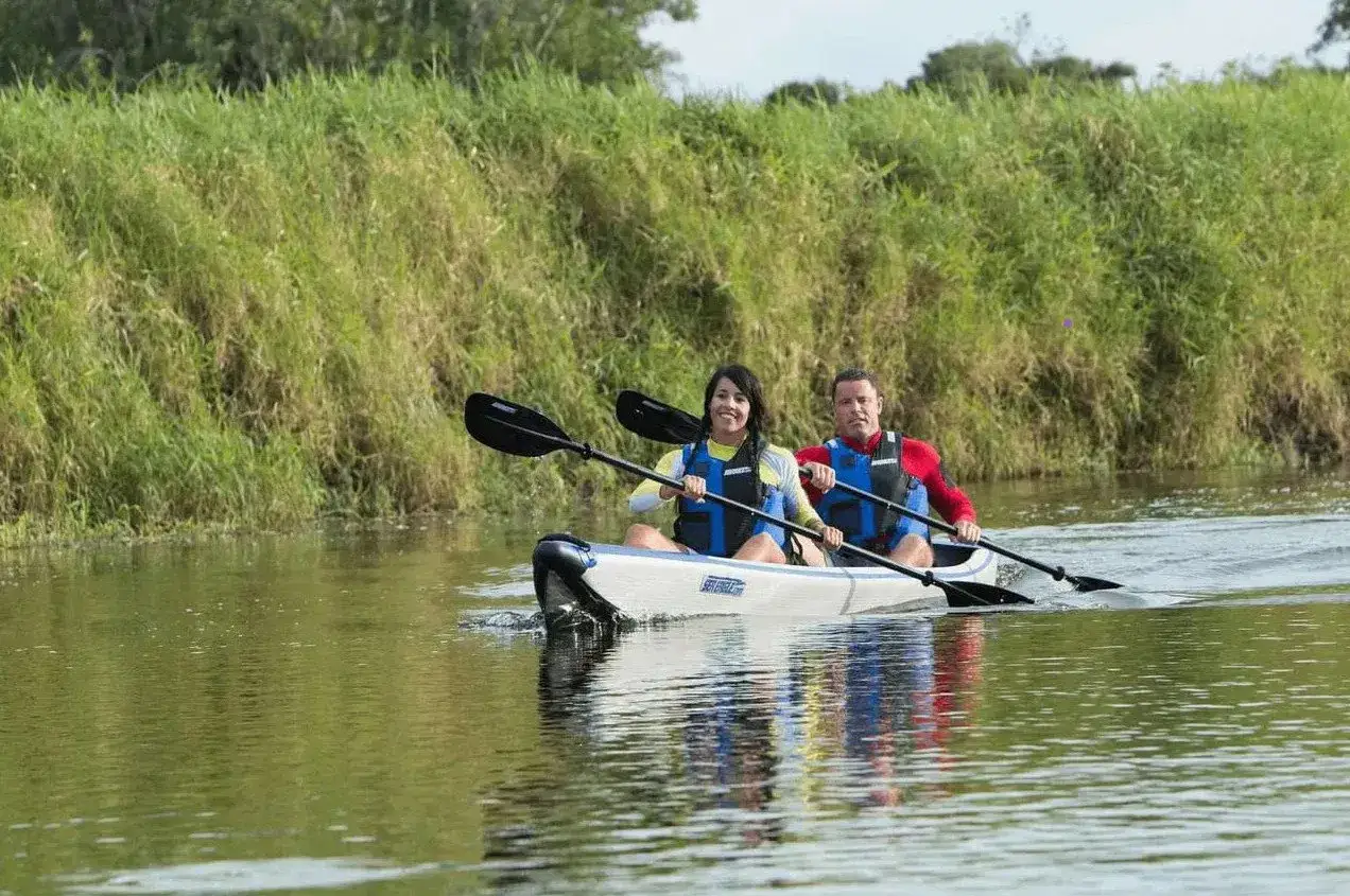 Zwei Personen paddeln in einem Kajak auf einem ruhigen Fluss, umgeben von üppigem grünen Ufergras. Sie genießen die Natur, vielleicht auf der Suche nach einem majestätischen Seeadler.
