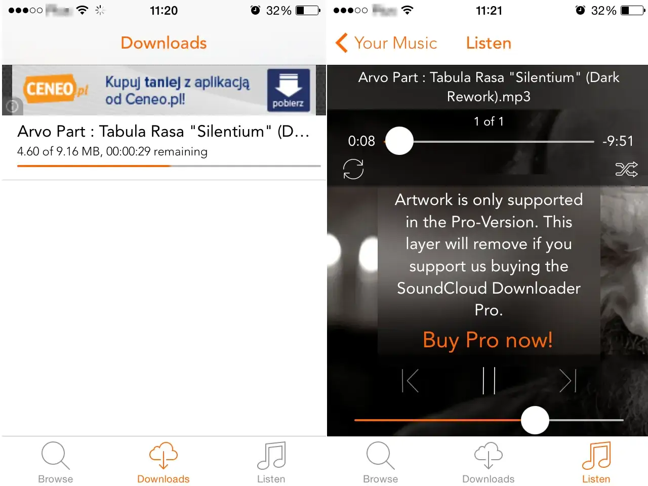 Ekran telefonu z aplikacją do pobierania muzyki z SoundCloud.