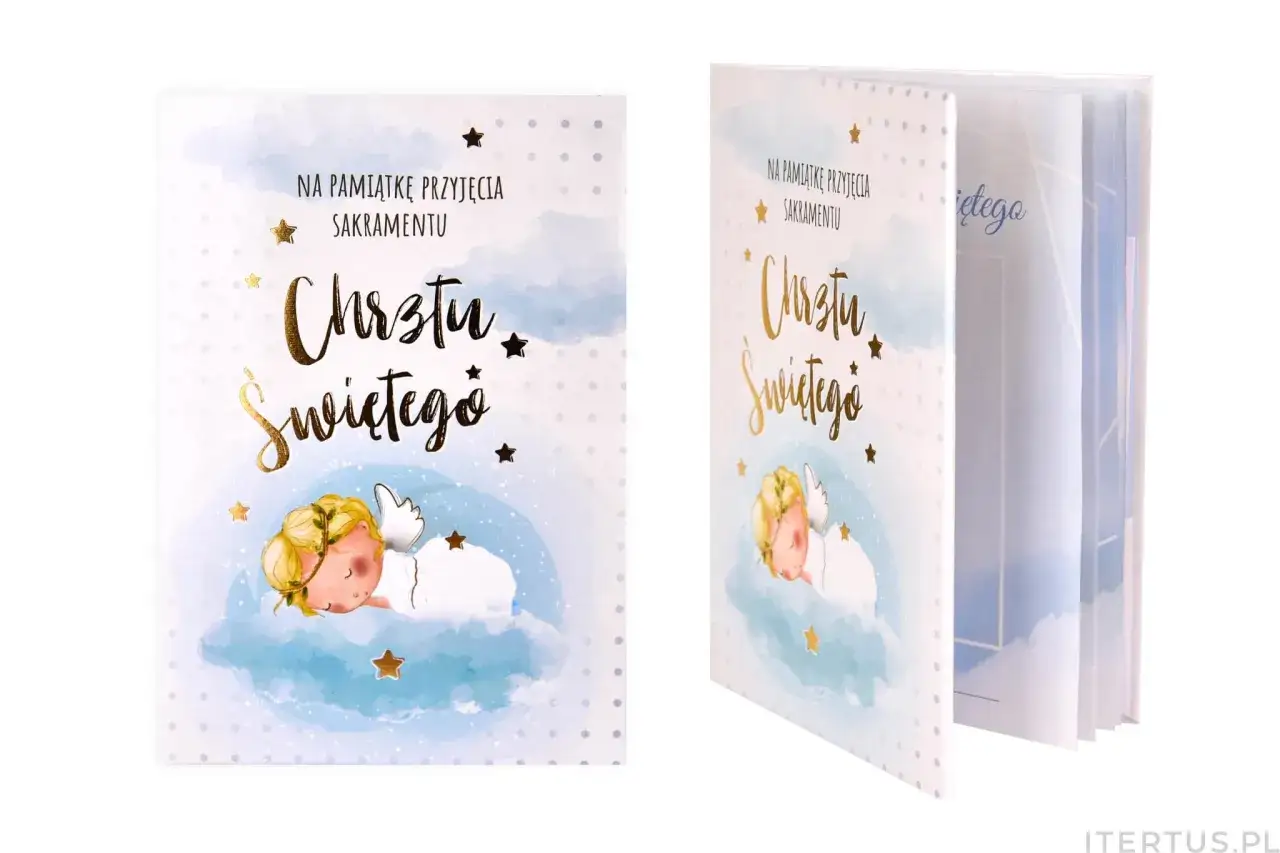 Pamiątka Chrztu Świętego. Uroczy aniołek na chmurce. Idealna, by wpisać datę, gdy sakramentu udzielono.