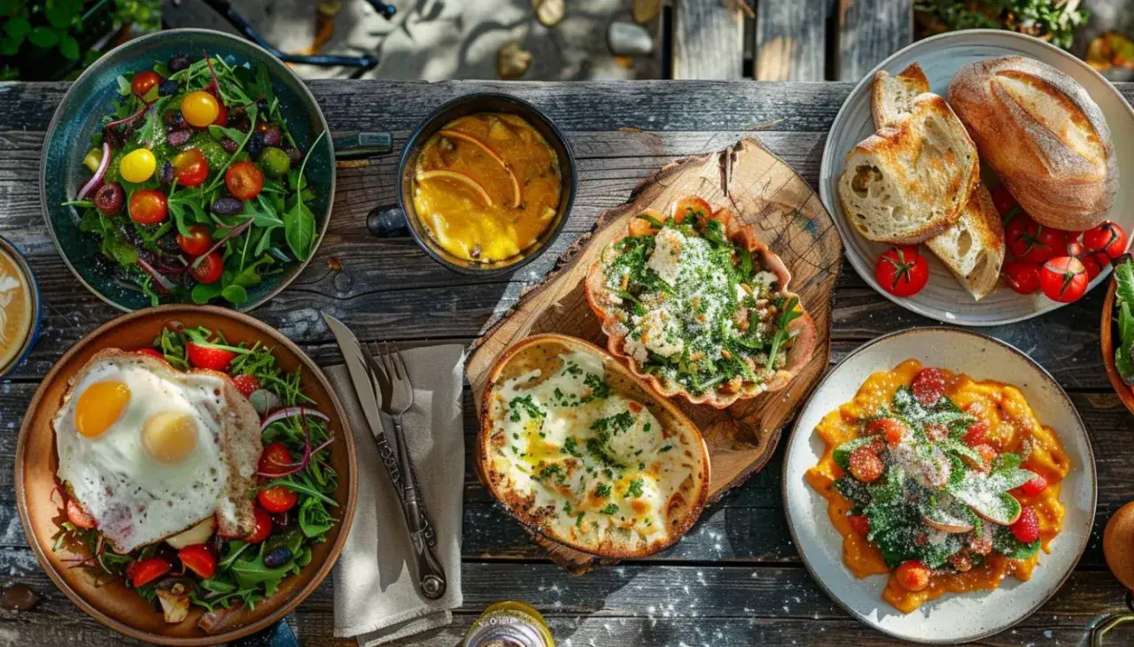 Un festin de paris nourriture : salades fraîches, œufs au plat, pain croustillant, soupe et plats colorés sur une table en bois.