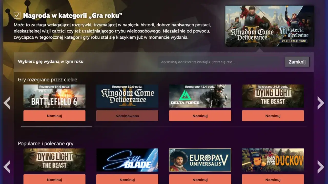 Grafika przedstawia interfejs gry z listą gier, w tym Battlefield 6, Kingdom Come: Deliverance i Dying Light.