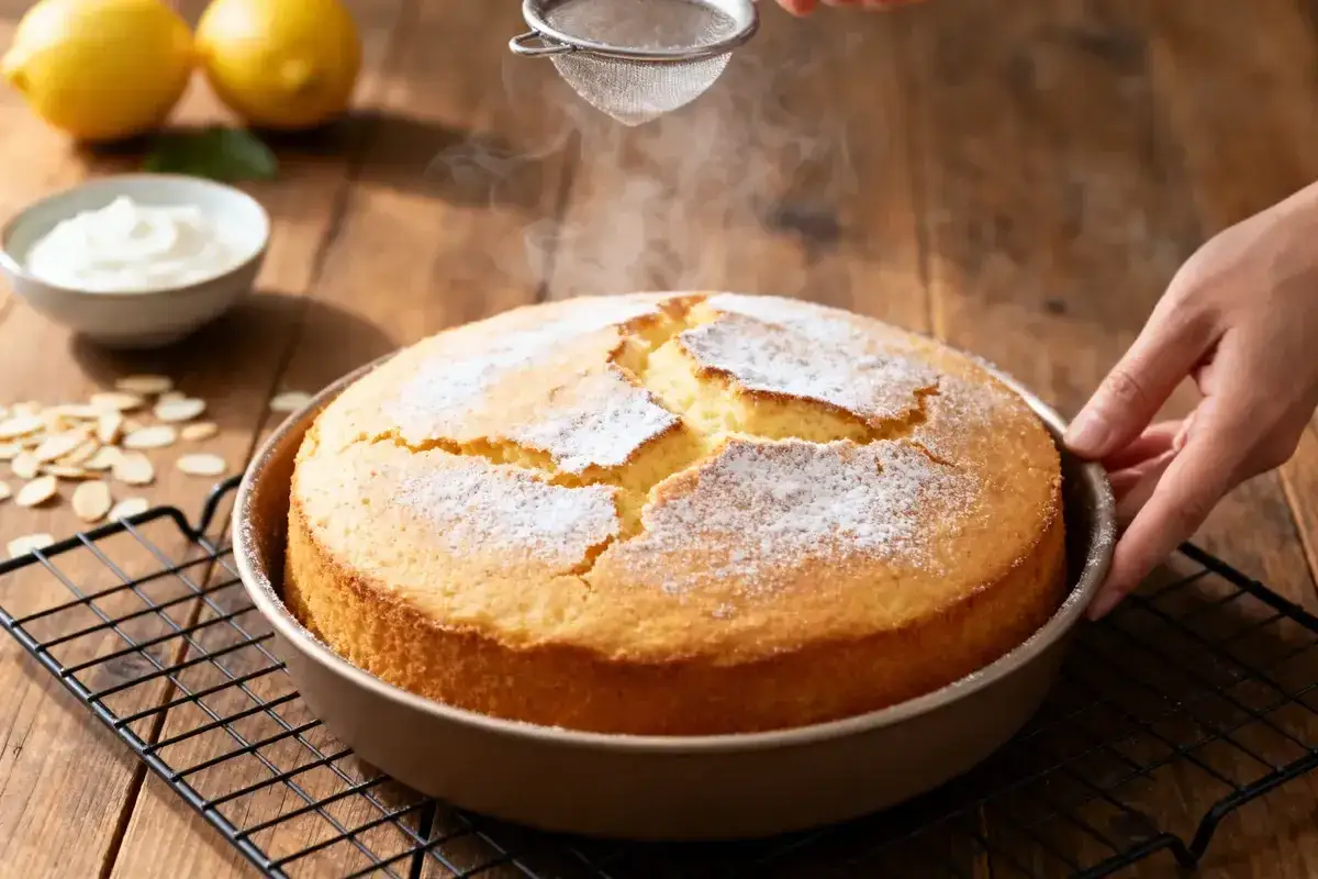 Un délicieux gâteau sans beurre, saupoudré de sucre glace, sort du four. Des citrons et de la crème sont à proximité.