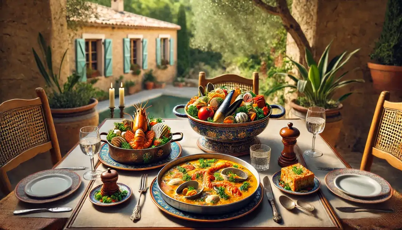Un festin de spécialités provençales : homard, fruits de mer et bouillabaisse sur une table dressée en terrasse, avec une piscine et une villa en arrière-plan.