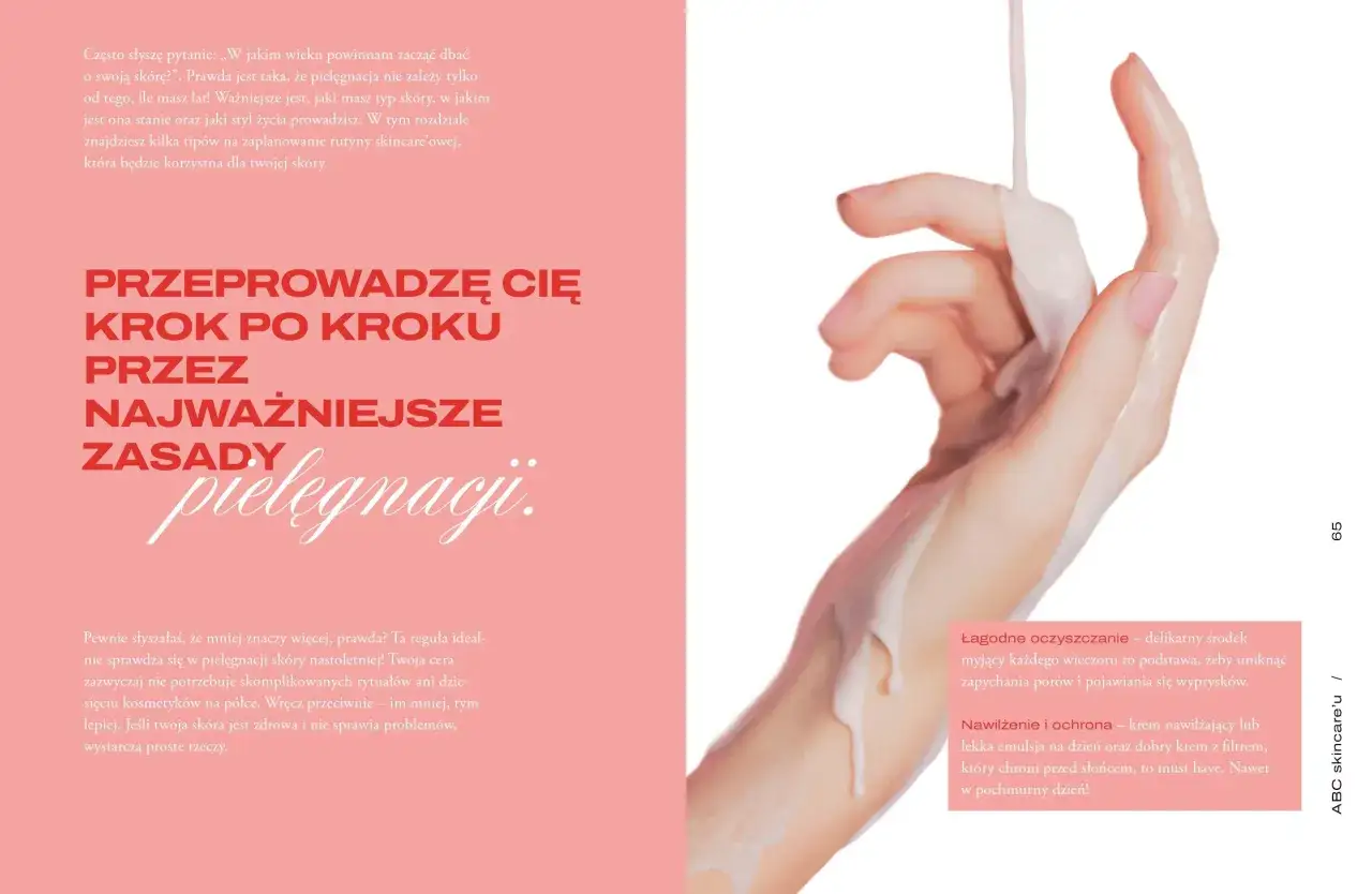 Delikatna emulsja spływa po dłoni, ilustrując jak poprawić wygląd cery. Kluczowe zasady pielęgnacji: łagodne oczyszczanie i nawilżenie.