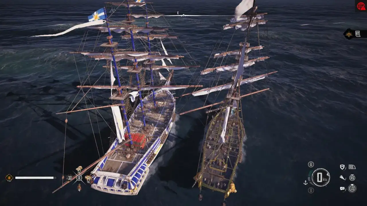 Zwei Brigantine Schiffe segeln nebeneinander auf dem offenen Meer.