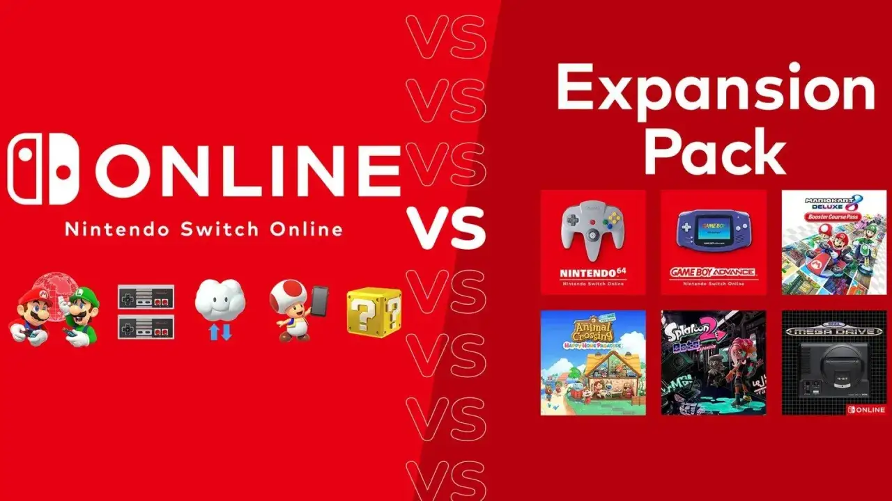 Porównanie Nintendo Switch Online z Expansion Pack, oferującym gry z N64, GBA, Mega Drive i dodatki do Mario Kart.