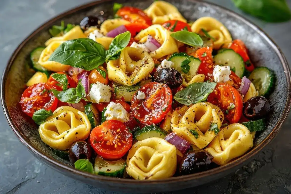 Sałatka z tortellini, pomidorkami, ogórkiem, fetą i oliwkami.
