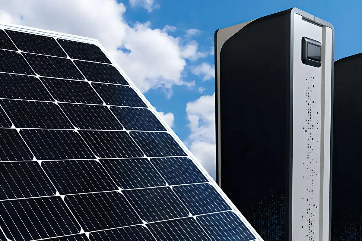 Panele słoneczne i nowoczesne jednostki do magazynowania energii elektrycznej pod błękitnym niebem.