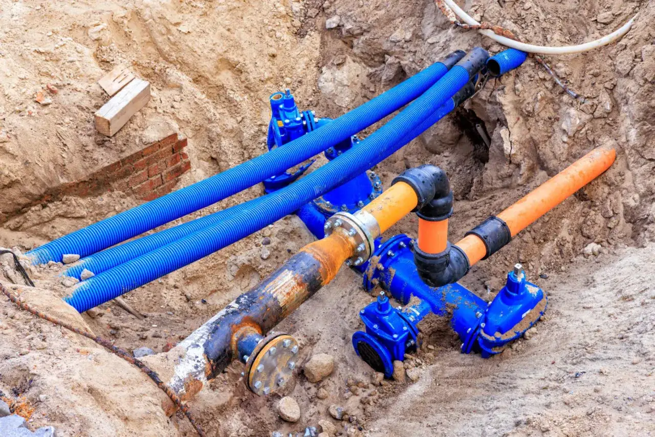 Instalacja gazowa w wykopie. Widoczne niebieskie rury osłonowe, pomarańczowe rury gazowe i niebieskie zawory. Koszt instalacji gazowej zależy od wielu czynników.