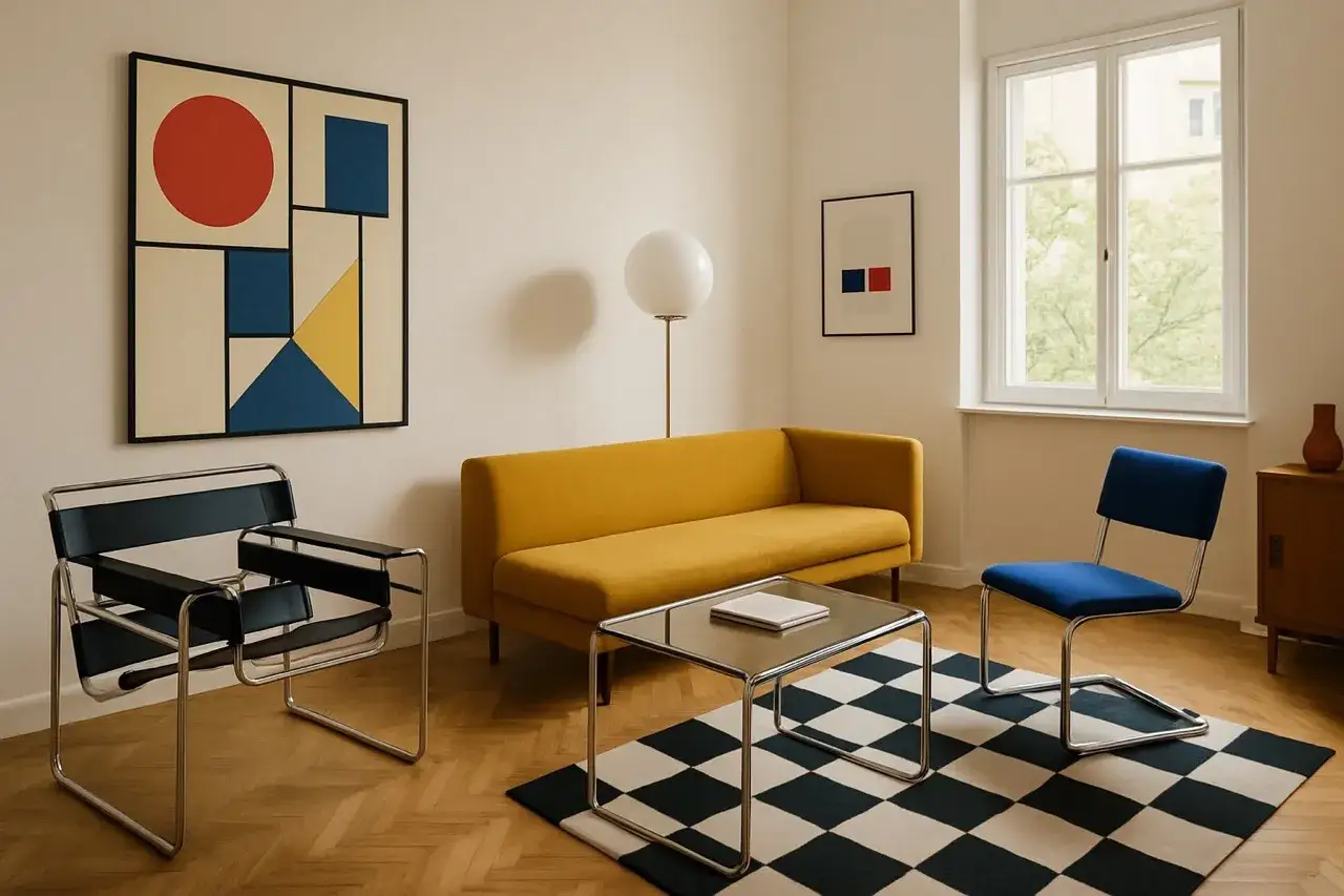 Minimalistyczny salon w stylu bauhaus: żółta kanapa, czarno-biała szachownica na dywanie, krzesła z chromowanej stali i abstrakcyjny obraz.