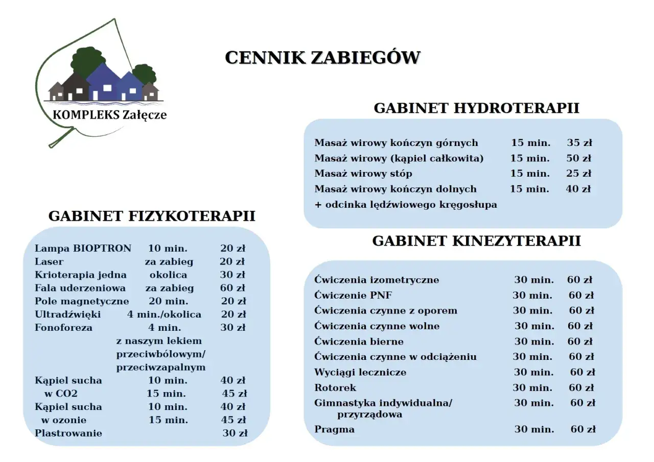 Cennik zabiegów w Kompleksie Załęcze: fizykoterapia, hydroterapia, kinezyterapia.