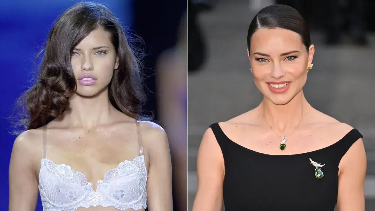 Adriana Lima en 2000, joven y radiante en lencería blanca, y años después, elegante de negro con joyas.