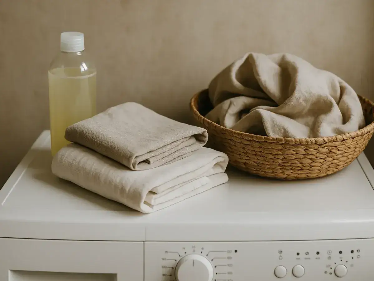 Tabla de lino doblada y cesta con ropa, junto a un detergente. Aprende como lavar el lino para que no encoja.
