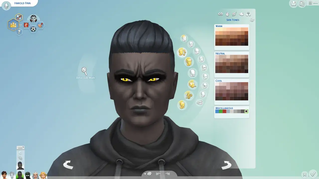 Tworzenie postaci w The Sims 4: mroczny Sim z żółtymi oczami i szarą skórą, gotowy do rozgrywki.