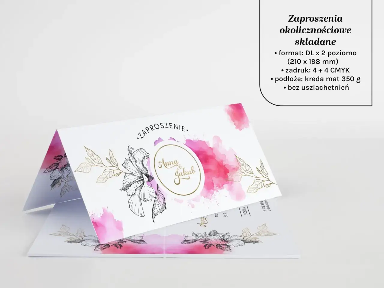 Otwierane zaproszenie ślubne z kwiatowym motywem i złotymi zdobieniami. Idealne, by dowiedzieć się, jak wydrukować zaproszenie otwierane.