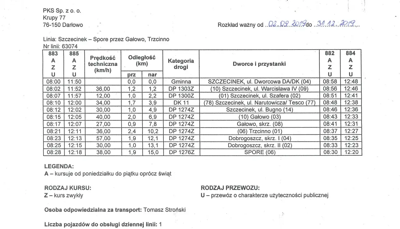PKS Szczecinek rozkład jazdy linii 63074 Szczecinek – Spore przez Gałowo, Trzcinno. Tabela zawiera godziny odjazdów, odległości i nazwy przystanków.