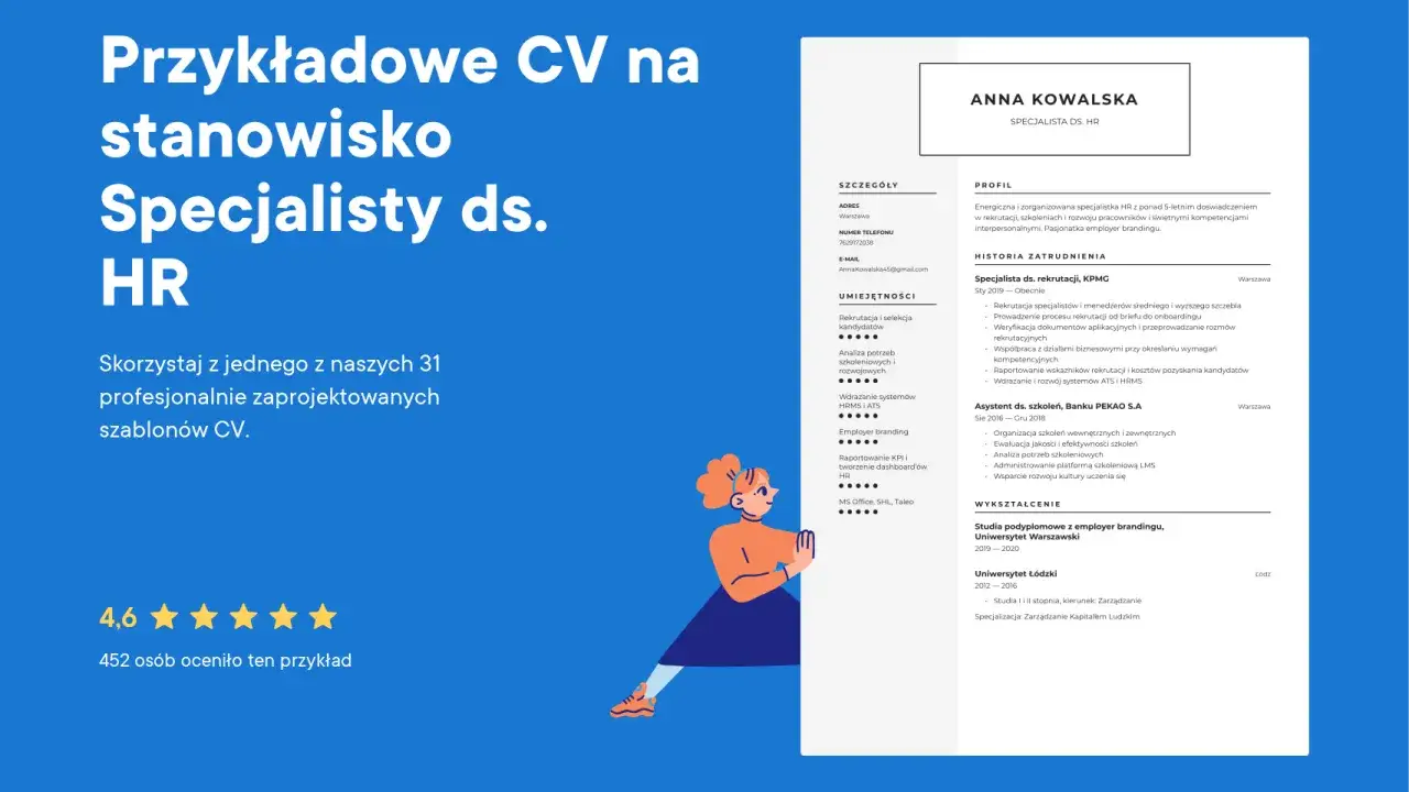 CV specjalisty ds. HR z sekcją Umiejętności, gdzie wpisano m.in. rekrutację, employer branding. Idealne dla kandydatury na staż w dziale HR.