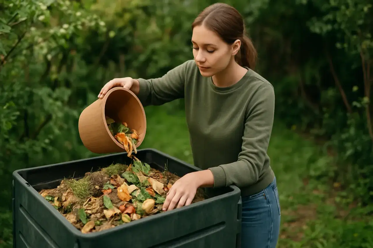 Kobieta wsypuje resztki organiczne do kompostownika.