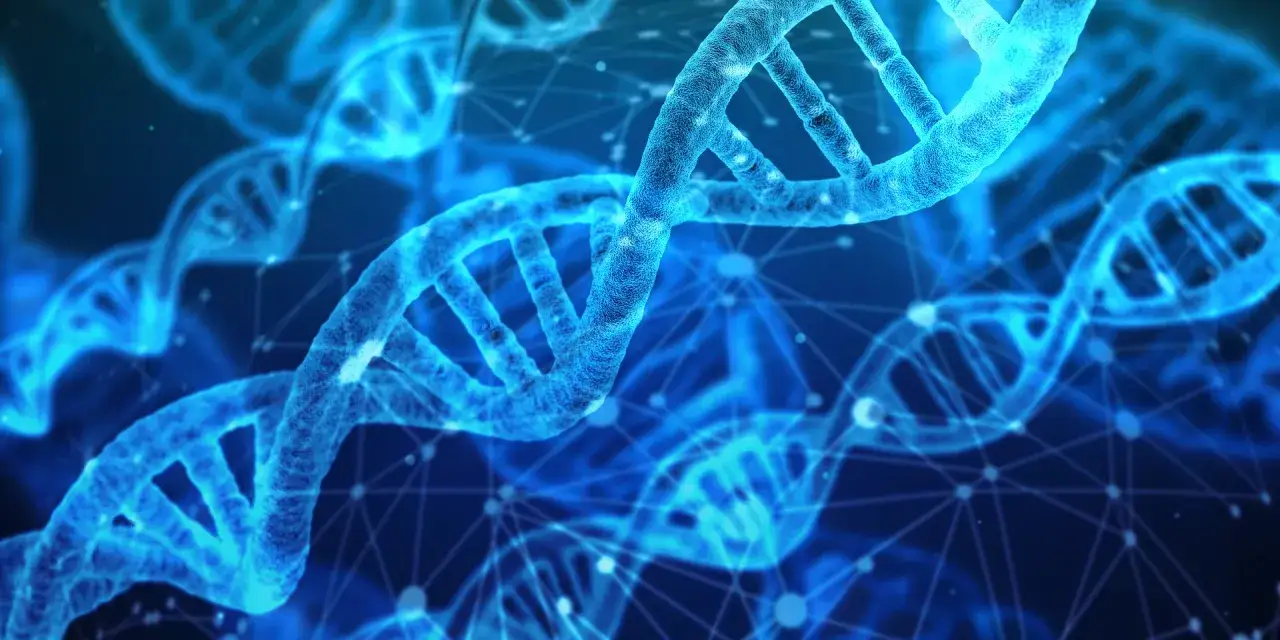 Niebieskie, świecące helisy DNA w tle sieci neuronowej. To wizualizacja, która może pomóc zrozumieć, czym jest scjentyzm.