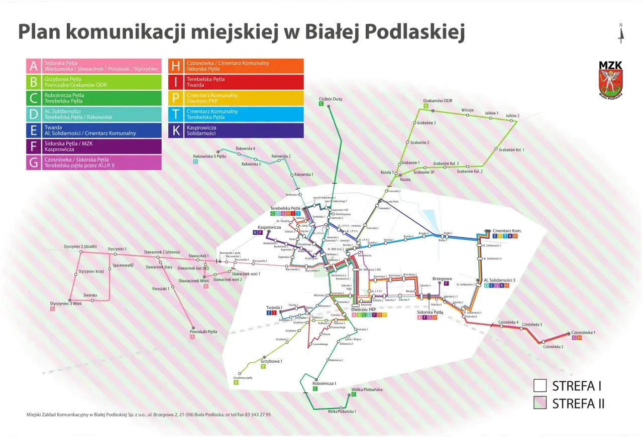 Mapa komunikacji miejskiej w Białej Podlaskiej z zaznaczonymi trasami autobusów i przystankami.