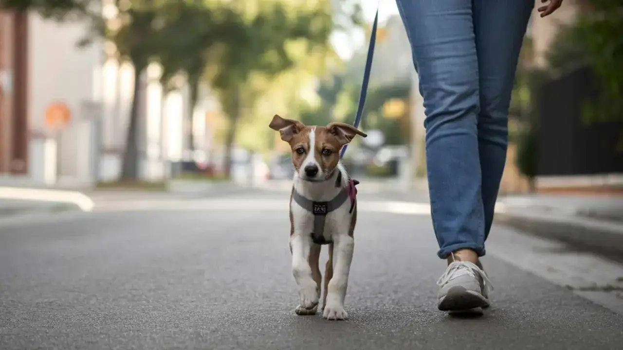 Un cachorro con arnés y correa sale a la calle por primera vez, explorando el mundo junto a su dueño.